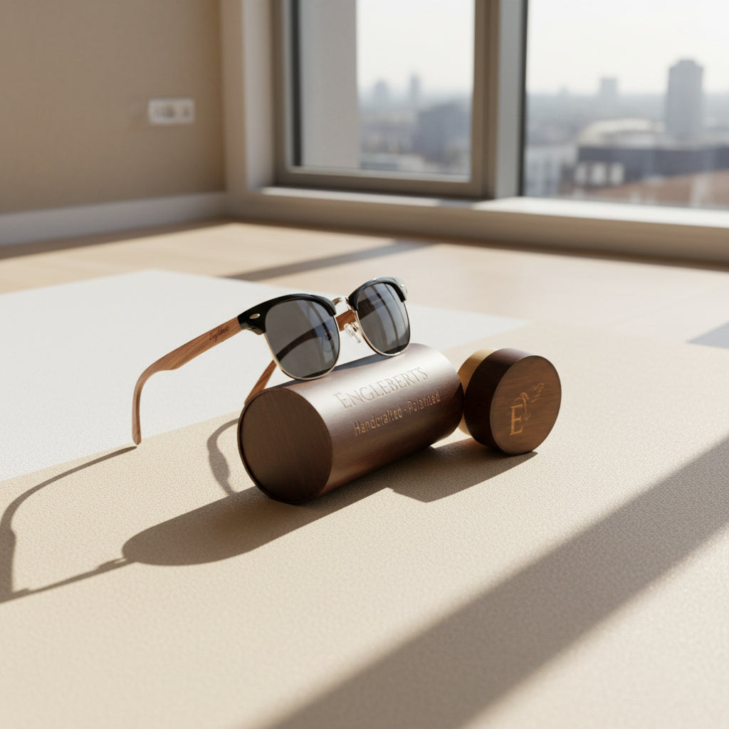 Real Walnut Wood Club Style Sunglasses With Bamboo Case, Polarized